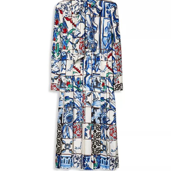 Tory Burch Floral Print Tie Neck Silk Dress - Picture 3 of 6
